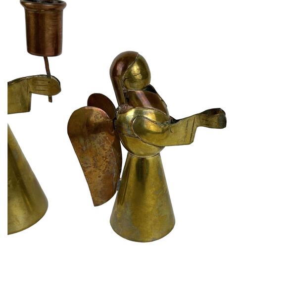 4 Brass and Copper Primitive Angels Candle Holders Hand Made Vintage - Picture 8 of 10